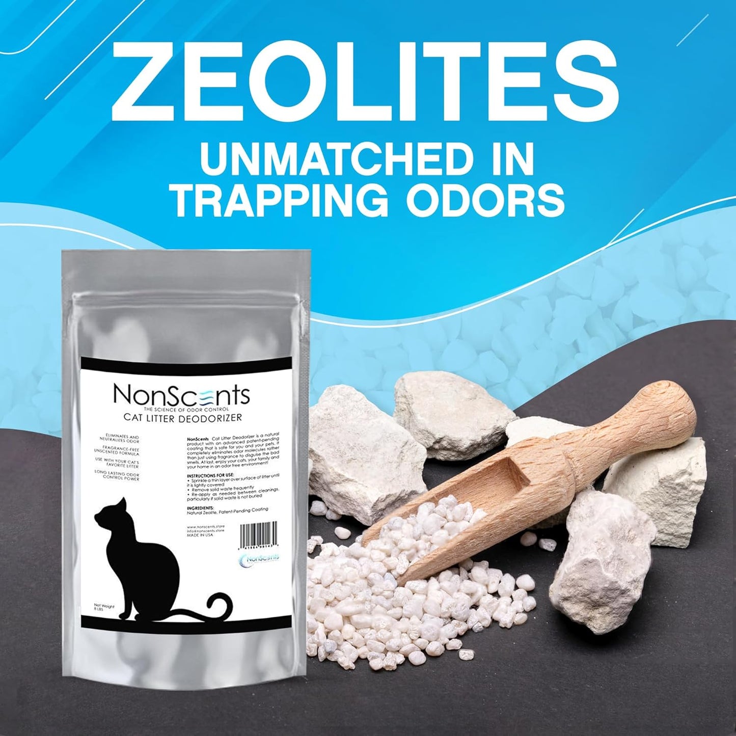 NonScents Cat Litter Deodorizer - Litter Box Odor Eliminator - Less Scooping Extends Kitty Litter Lifespan - Fragrance-Free Formula Eliminates Unpleasant Cat Odors – 8 Pound Bag