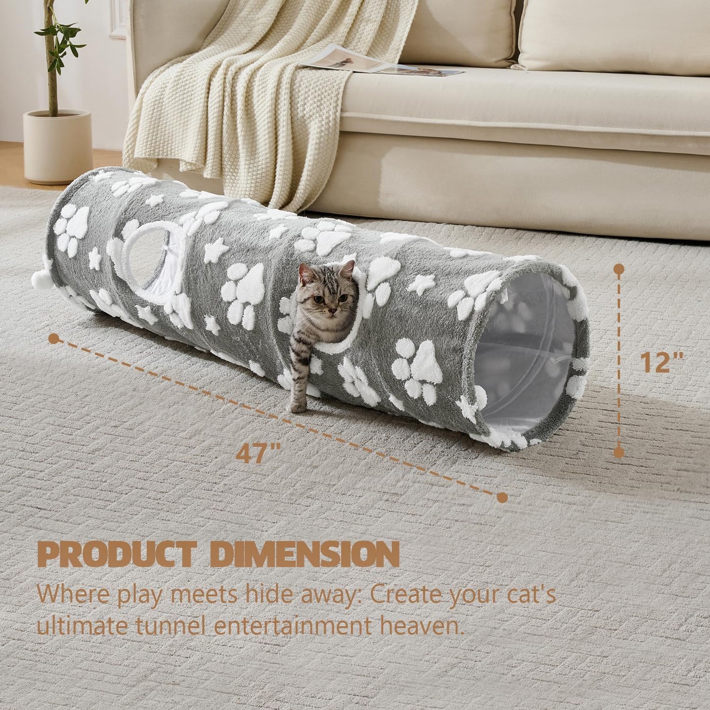 Straight Cat Tunnel for Indoor Cats 47"x12", Cute Cat Toys Collapsible Tunnel Tube with Balls for Puppy Kitten Rabbit, Grey Paw