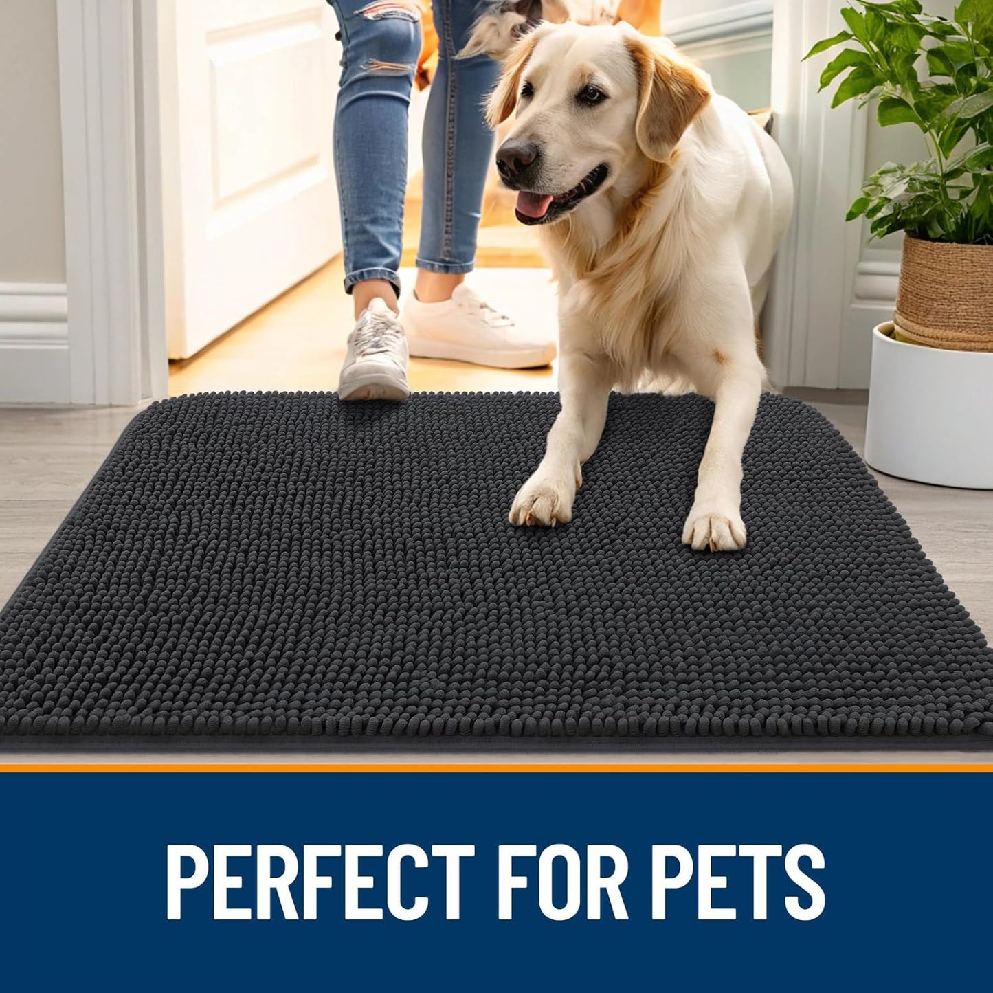 OLANLY Dog Door Mat for Muddy Paws 70x35, Absorbs Moisture and Dirt, Absorbent Non-Slip Washable Doormat, Quick Dry Chenille Mud Mat for Dogs, Entry Indoor Entryway Carpet for Inside Floor, Dark Grey