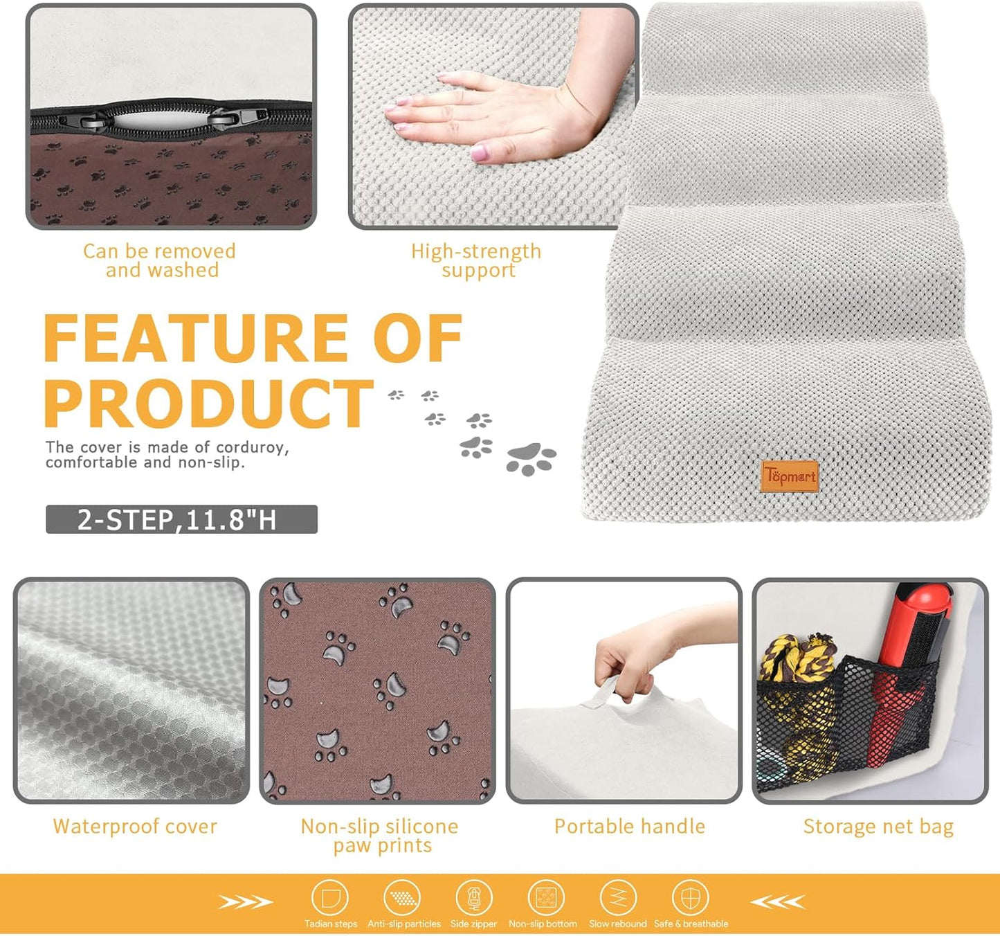 Topmart High Density Foam Dog Steps 4 Tiers,Extra Wide Deep Pet Steps,Non-Slip Dog Stairs Ramp for Bed,Soft Foam Cat Ladder,Best for Older Injured,Older Pets,Cats with Joint Pain