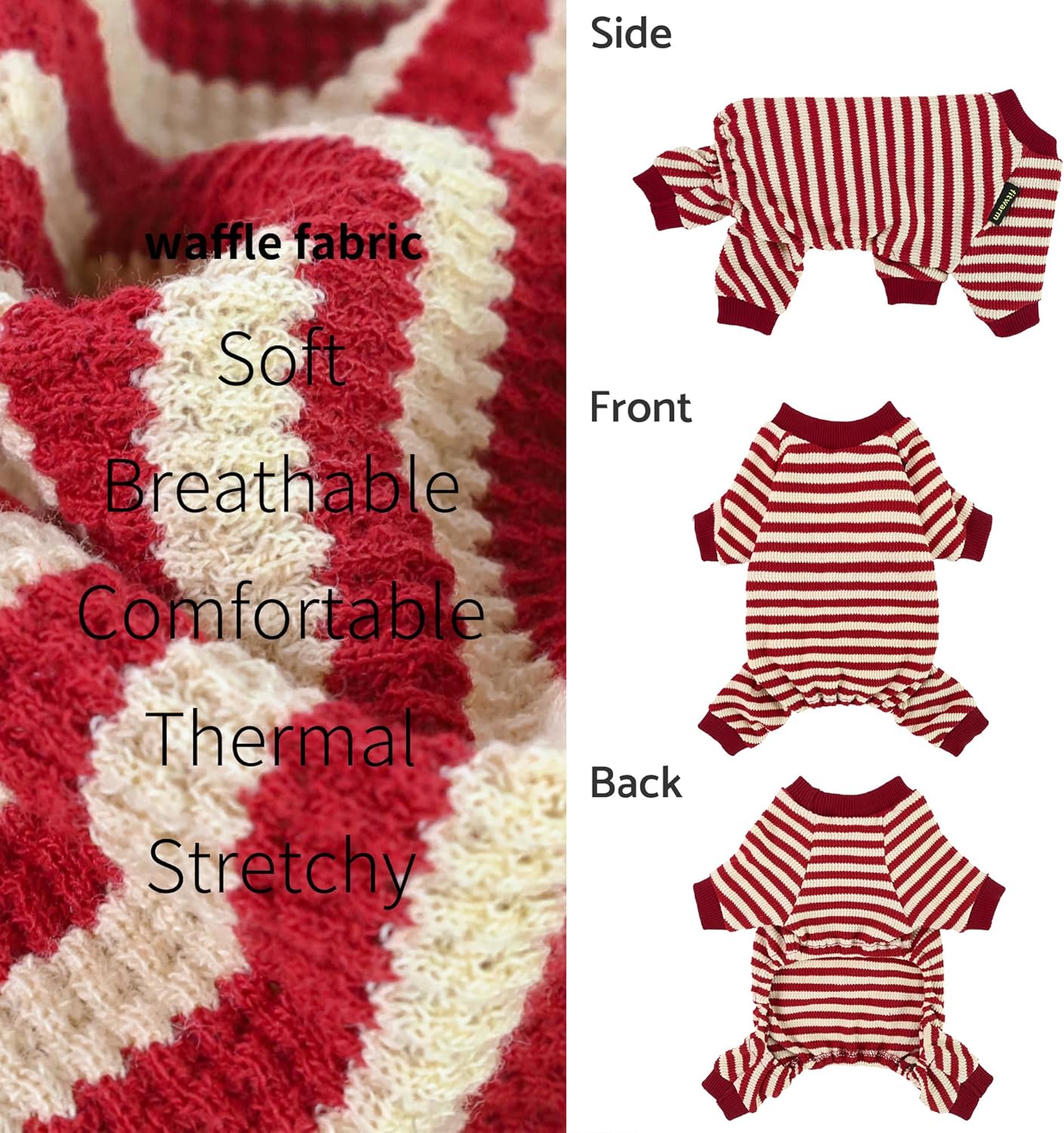 Fitwarm Red and White Striped Dog Pajamas, Waffle Dog Clothes for Small Dogs Girl Boy, Puppy Onesie with Feet, Pet Christmas Outfit, Small