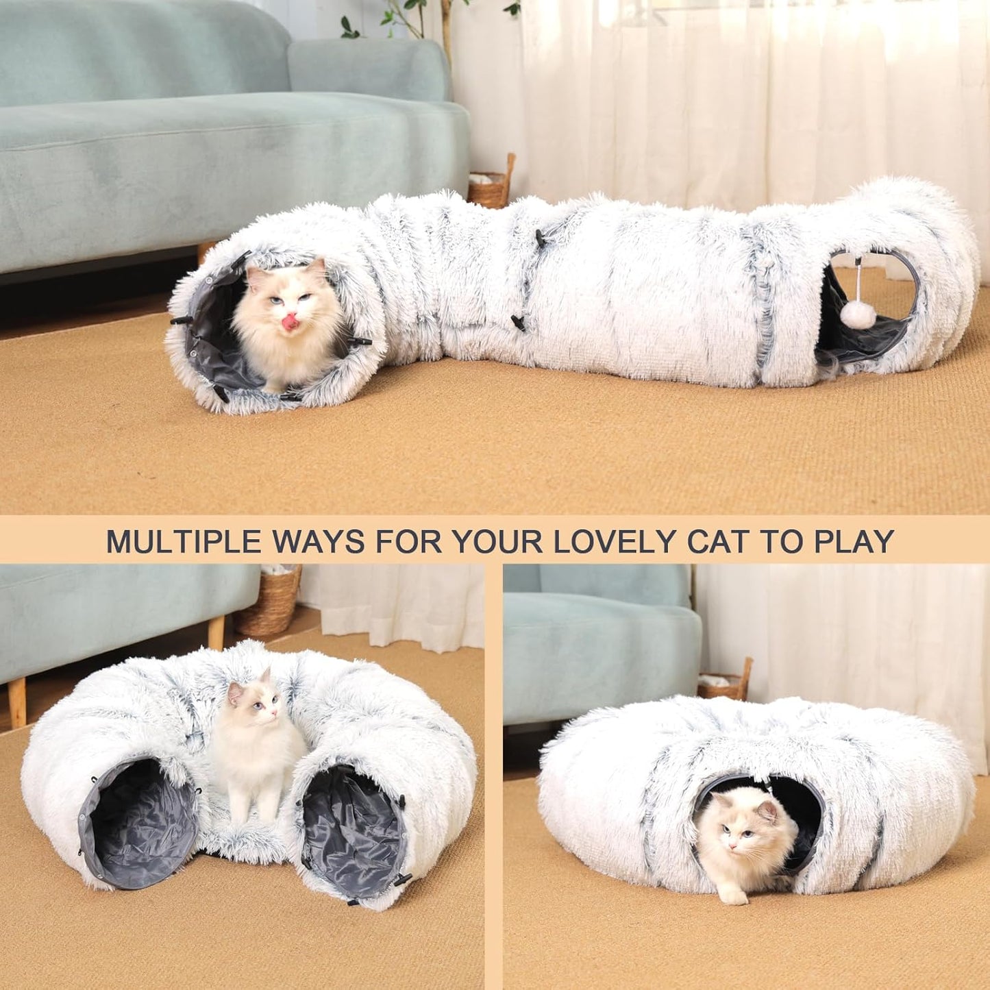 Cat Tunnel with Cat Bed for Indoor Cats, Soft Plush Peekaboo Cat Cave Donut Tunnel, Multifunctional Playground Toys Hideplace for Small Medium Large Kittens, Rabbit, Ferret