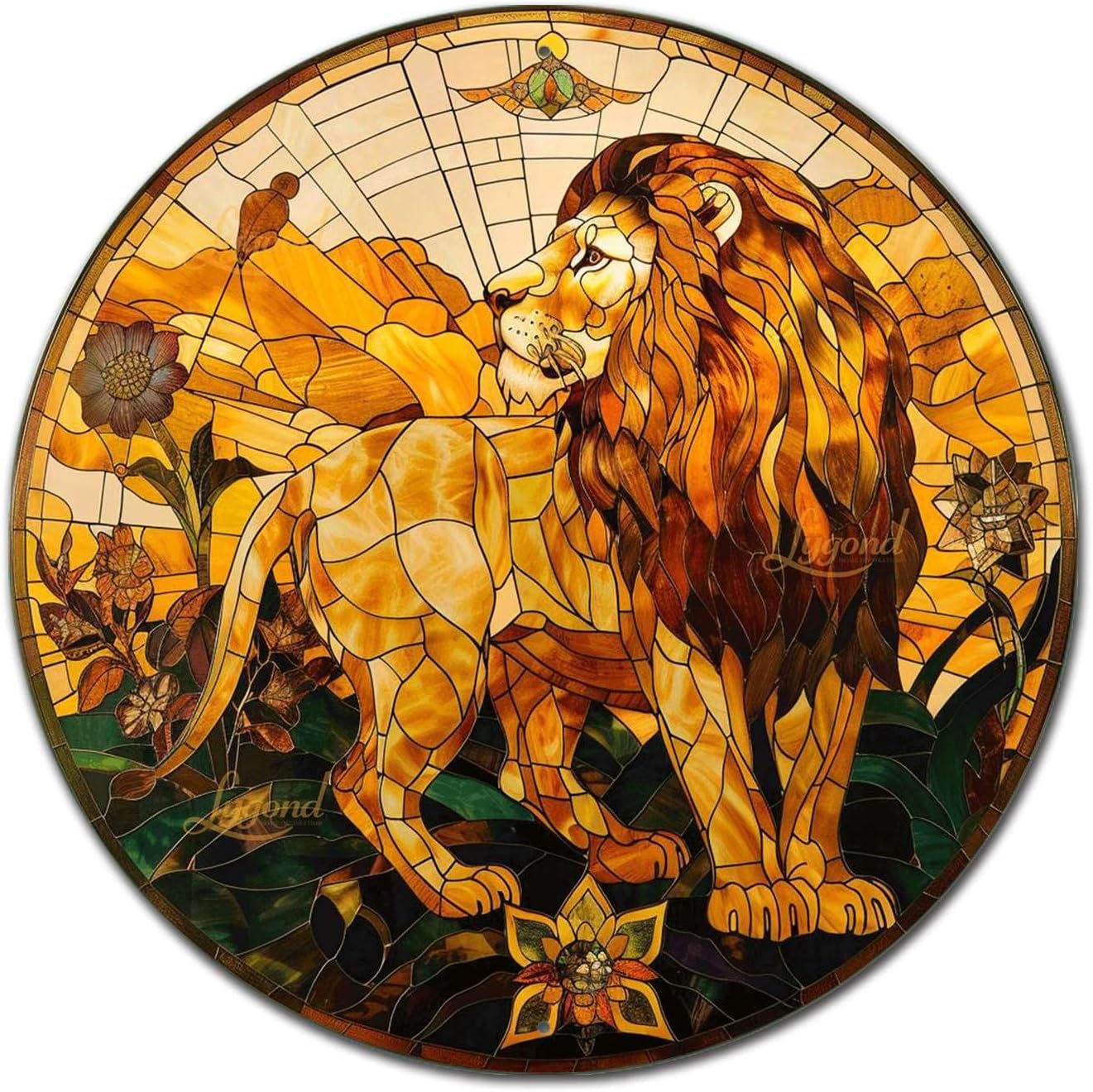 Lygond Metal Sign Tin Sign Circular Stained Glass Lion Funny Outdoor Decor for Club 8×8 Inches