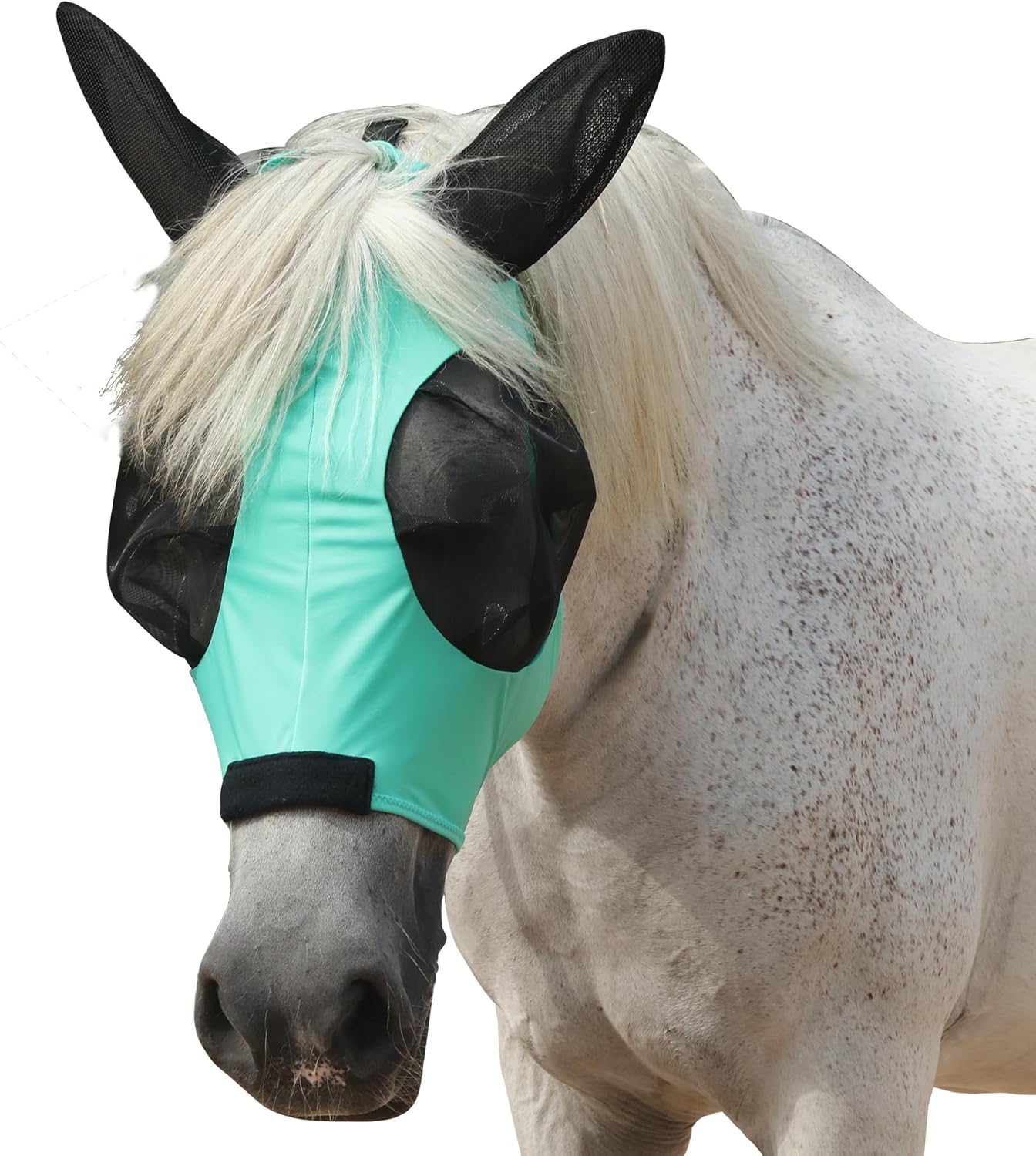 Horse Fly Mask with Ears - Large Eye Space for Full Vision, Breathable Stretch Comfort Fit, UV Protection, Forelock Opening, Easy Pull-On Green Pony