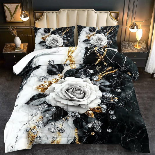 Marble Floral Comforter Set for King Bed Women,Vintage Flower Bedding Set King,White and Black Comforter Rose Quilt for Girls,Rose Bedding Floral Bedroom Decor Adults