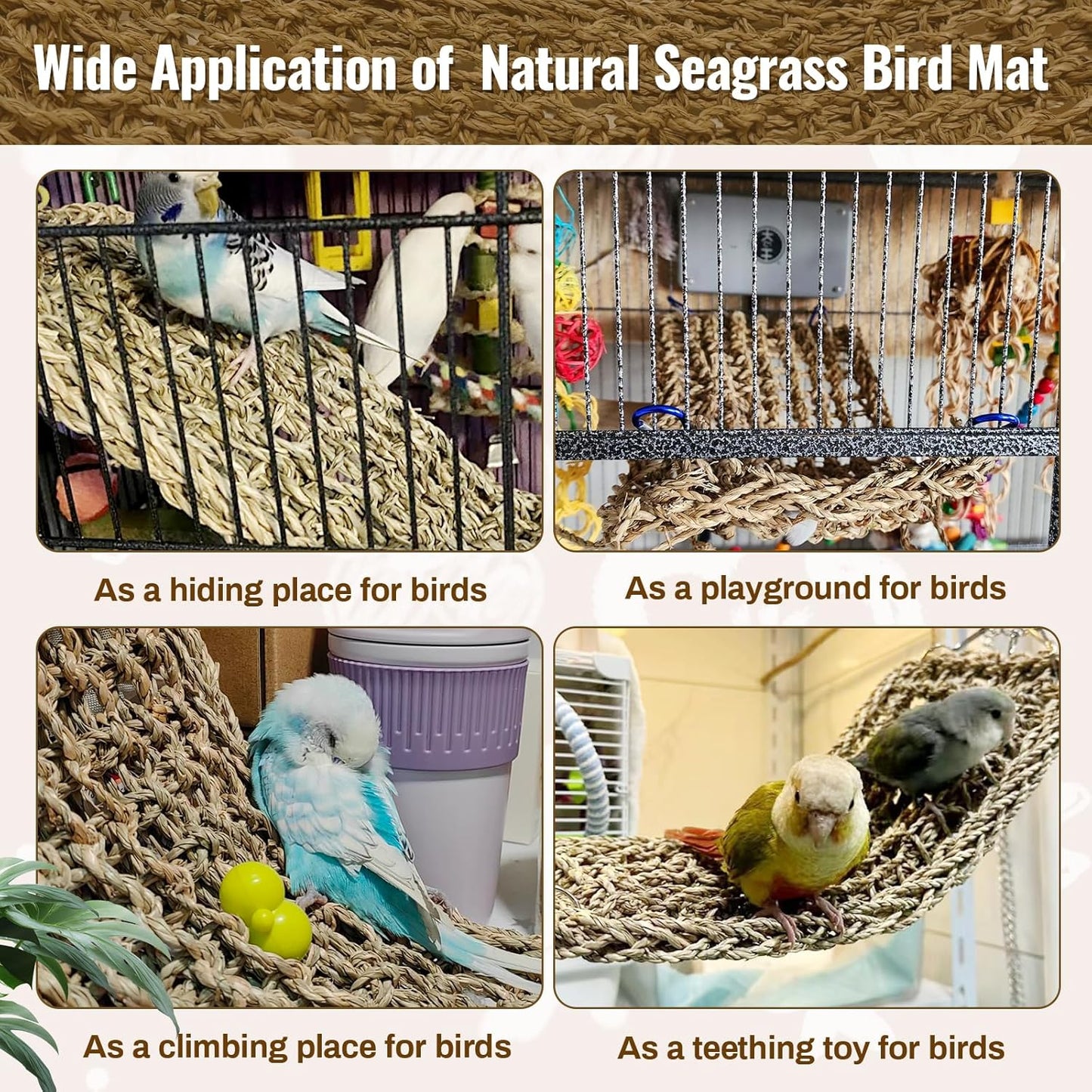 29.5 x 7 inches Large Bird Seagrass Mat Grass Woven Net Parrot Hammock Mat Parakeet Climbing Rope Ladder with Hooks Bird Cage Accessories for Conure Cockatiel Budgie Macaw