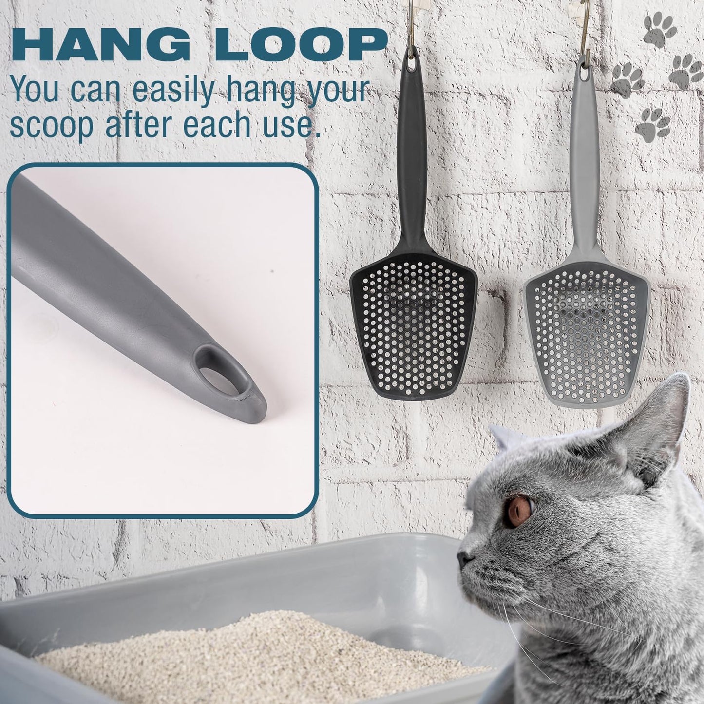 Set of 3 Cat Litter Scoop with Small Holes, Deep Sifting Shovel for Fine Litter, Reptile Terrarium Sand & Rabbit Pooper Lifter, Hanging Handle Poop Scooper (Gray, Set of 3)