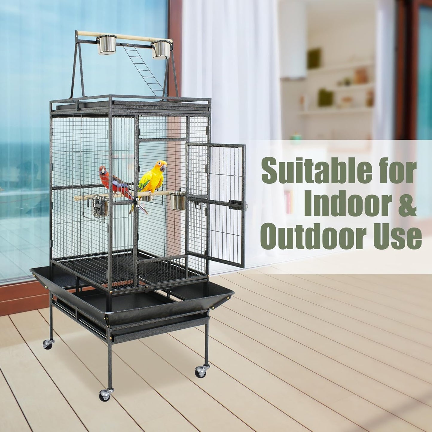 ZENY 68-Inch Birdcage, Playtop Parrot Cage, Wrought Iron Bird Cage with Rolling Stand, Heavy-Duty Pet Bird House for Parrot Cockatiel Cockatoo Parakeet Macaw Finches, Black