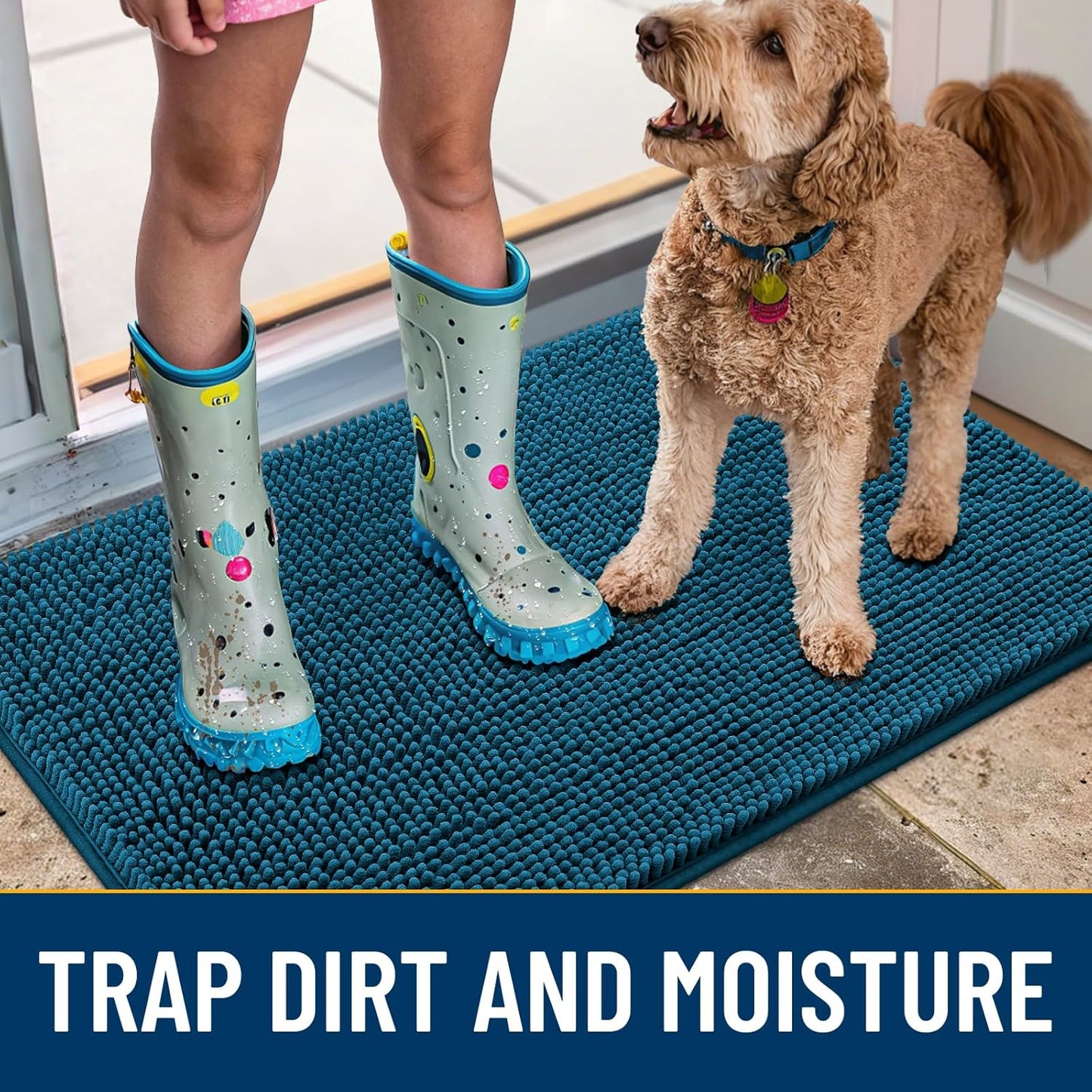 Smiry Dog Door Mat for Muddy Paws 30x20, Absorbs Moisture and Dirt Doormat, Non-Slip Washable Quick Dry Chenille Front Door Mat Indoor Entrance, Entryway Carpet for Inside Floor, Atlantic Blue
