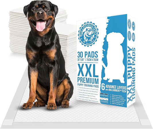 Bulldogology Puppy Pee Pads XXL with Adhesive Sticky Tape - Extra Large Dog Training Wee Pads (30x30) 6 Layers with Extra Quick Dry Bullsorbent Polymer Tech (30-Count, White)