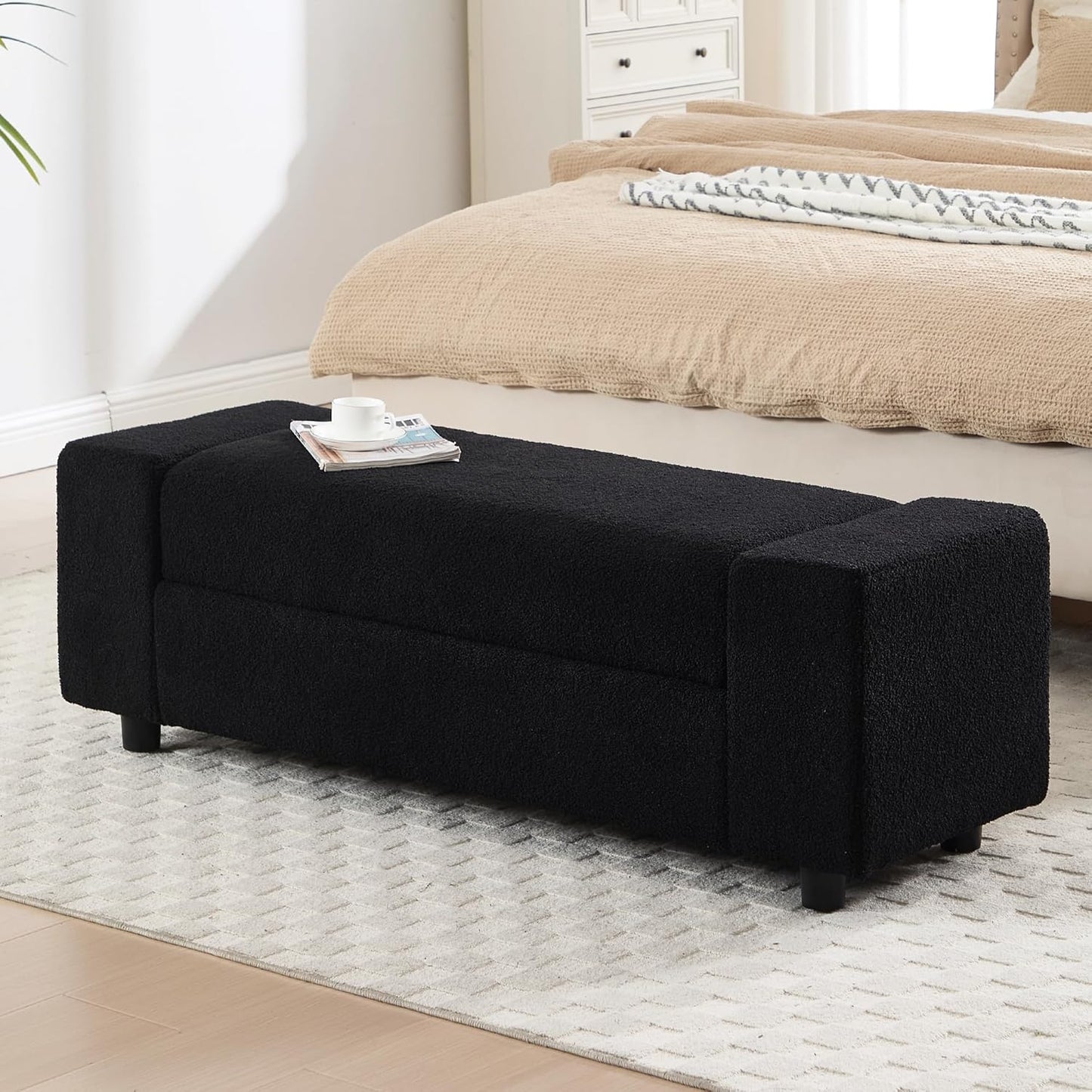 Teddy Storage Ottoman Bench for Bedroom, Comfy Boucle End of Bed Bench with Large Hidden Storgae Space, 55 inches Window Bench for Living Room/Reception Room/Mudroom, Black