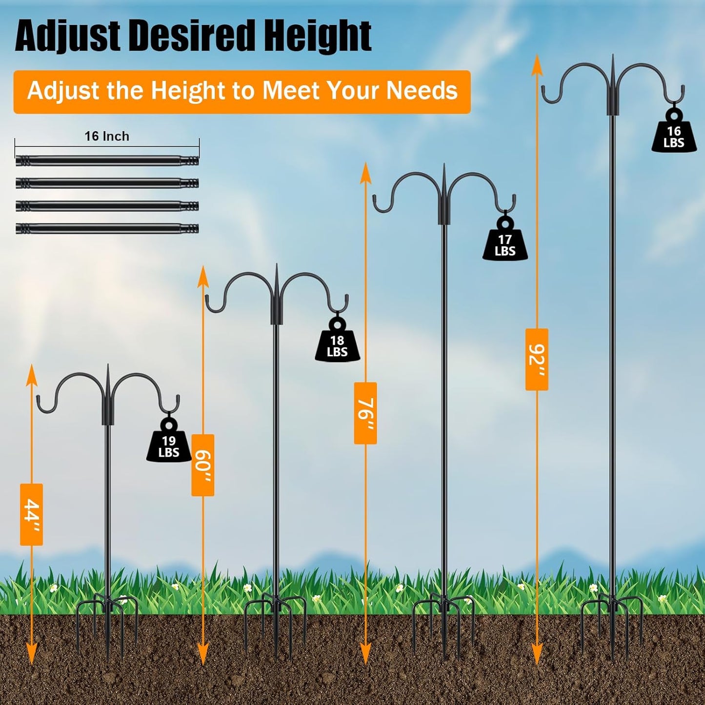 FEED GARDEN Adjustable Double Shepherds Hook for Outdoor with 5 Prong Base 92 Inch Heavy Duty Two Sided Bird Feeder Pole for Hanging Plant Baskets, Solar Light Lanterns, Wind Chimes