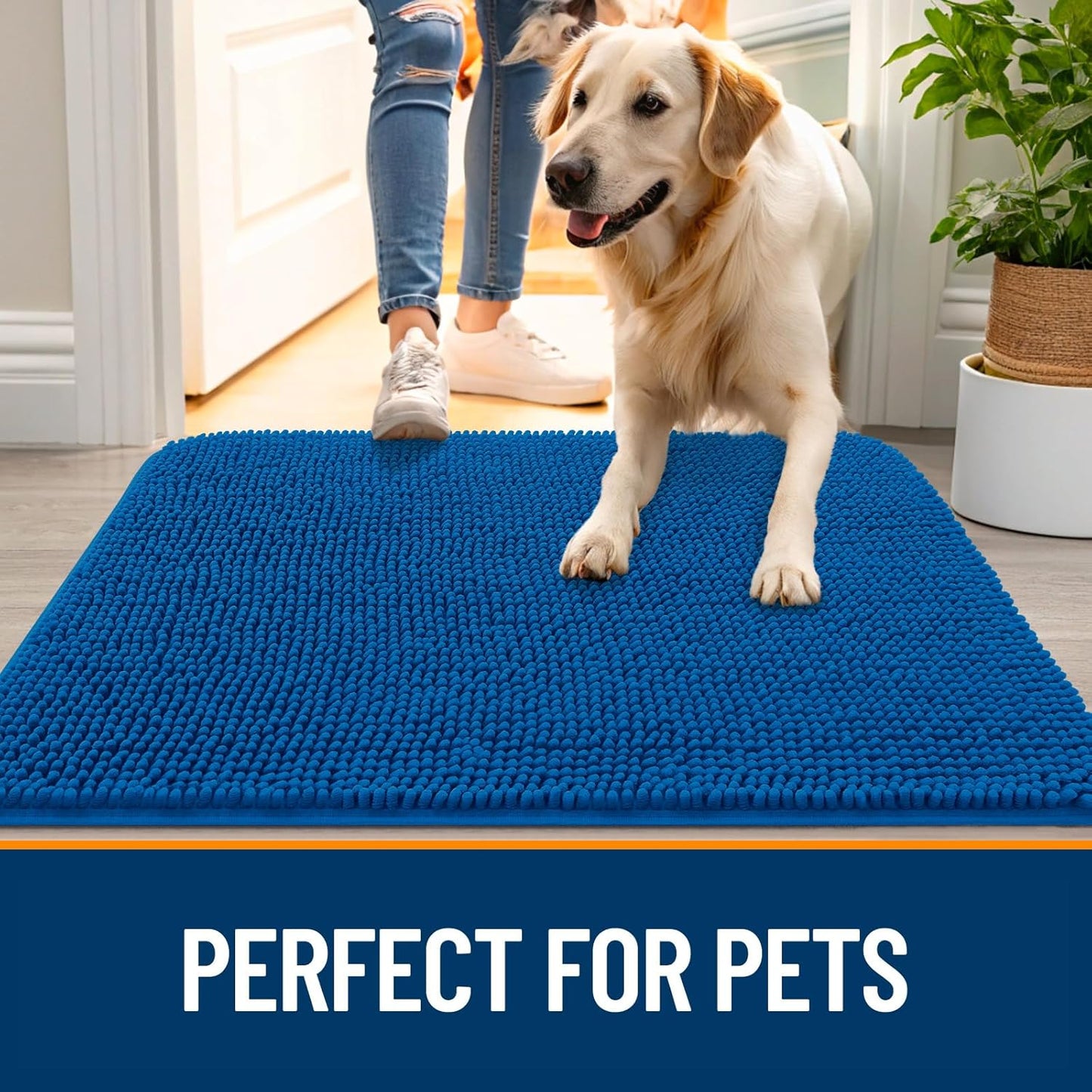OLANLY Dog Door Mat for Muddy Paws 44x24, Absorbs Moisture and Dirt, Absorbent Non-Slip Washable Doormat, Quick Dry Chenille Mud Mat, Entry Indoor Entryway Carpet for Inside Floor, Deep Navy Blue
