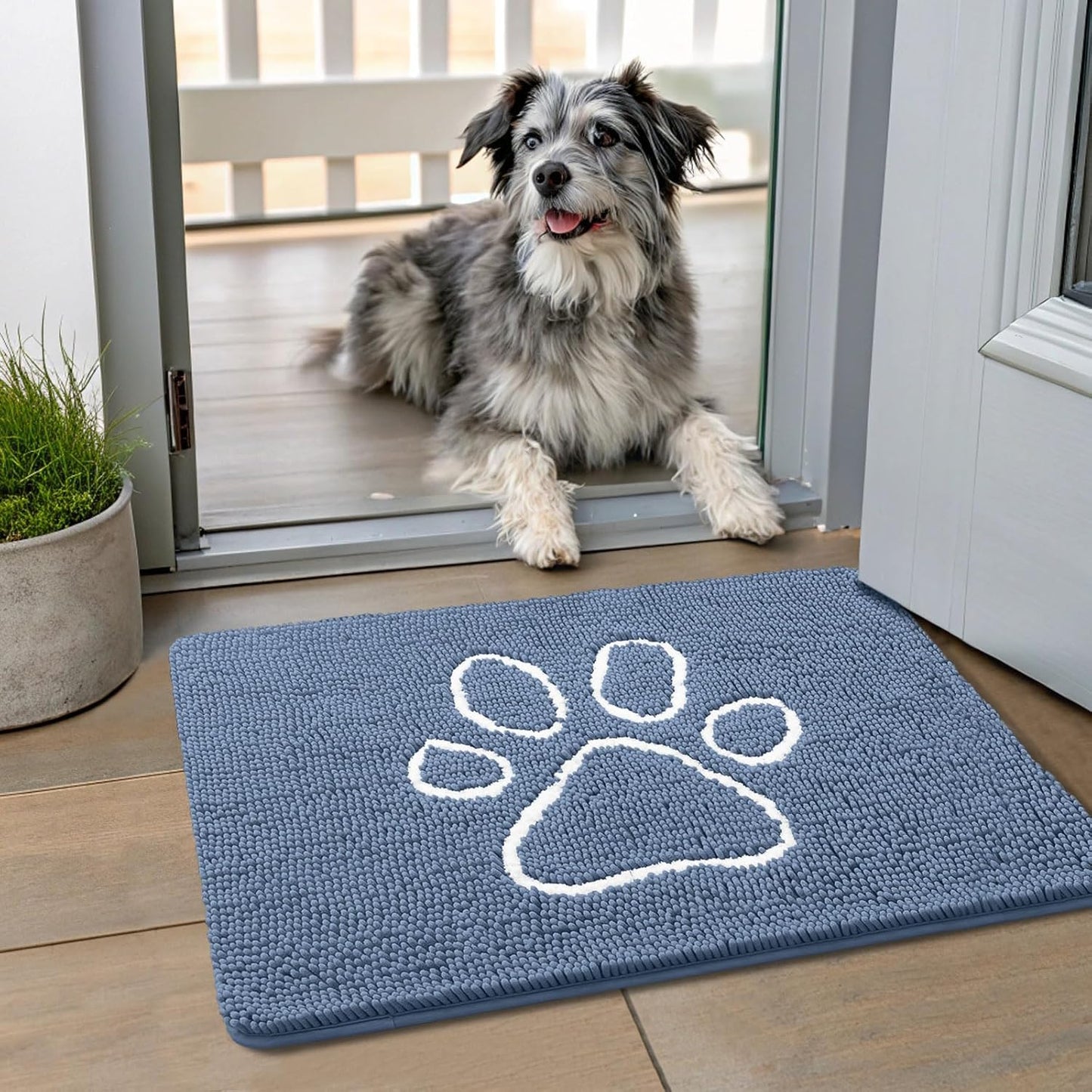 Smiry Dog Door Mat for Muddy Paws, Absorbent Dirt Trapper Non Slip Quick Dry Washable Chenille Mat for Mud Dogs, Entry Rug for Indoor and Outdoor (24x16 Inches, Airy Blue and White)