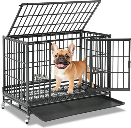 Homey Pet 37 inch Stackable Heavy Duty Dog Crate, Indestructible Escape Proof Dogs Cage Kennel with Lockable Wheels, Removable Tray & Metal Grid, Double Doors for High Anxiety Medium/Small Dogs
