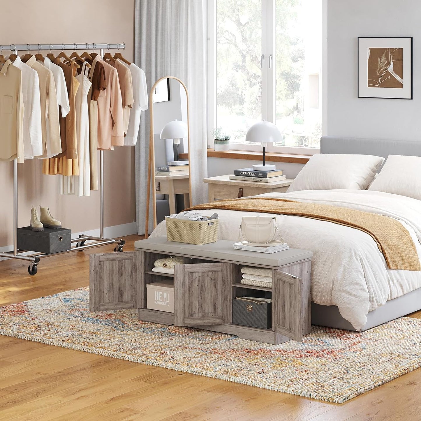 DINZI LVJ Shoe Bench, Entryway Storage Bench with Doors, Cushion, 2-Tier Shoe Rack with 6-Cubby, 39.4”L x 13.8”W Shoe Organizer Cabinet, Adjustable Shelf, Living Room, Bedroom, Greige