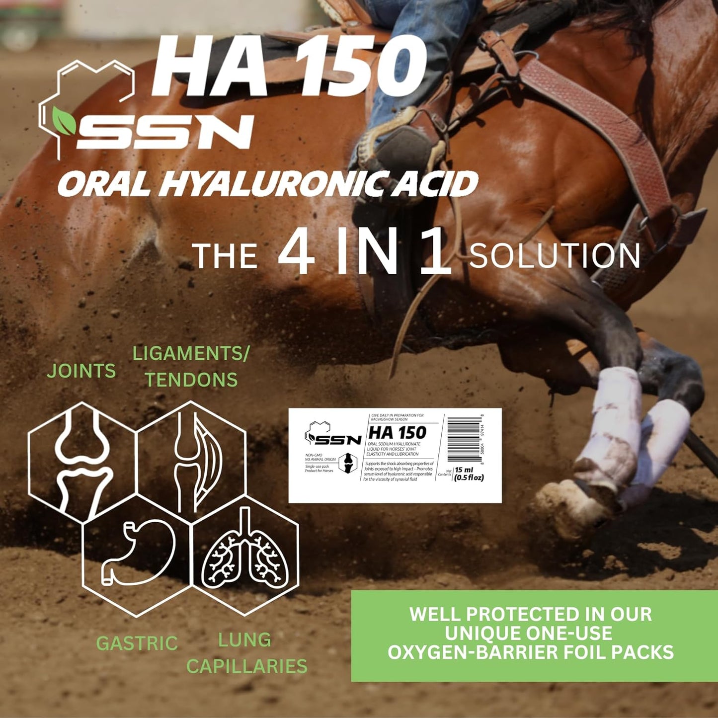 SSN HA 150 - 4 In 1 Horse Supplement - 60 Servings - Equine Joint, Gastric, Ligament/Tendon, Lung Capillary Health - Glucosamine Alternative - (60 Pack, 150mg Sodium Hyaluronate per Serving)