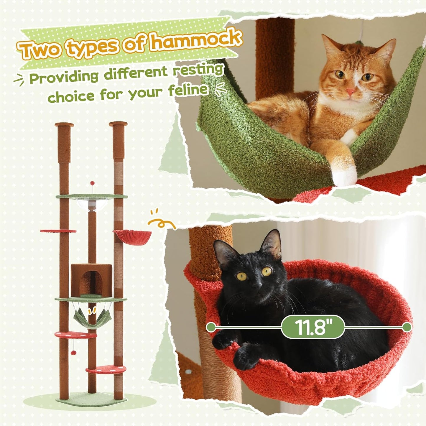 PEQULTI Floor to Ceiling Cat Tree 92.9’’-101.6’’ Height Adjustable Mushroom Cat Tower Tall Climbing Play House with Scratching Posts, Cozy Condo, Perches and Large Hammock for Indoor Cats Brown