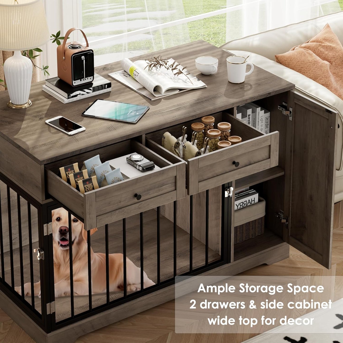 Dog Crate Furniture Kennel with Double Doors Wooden Pet House with 2 Drawers and Storage Cabinet, Indoor Dog Cage Farmhouse Modern Side End Table for Small Medium Dogs, Rustic