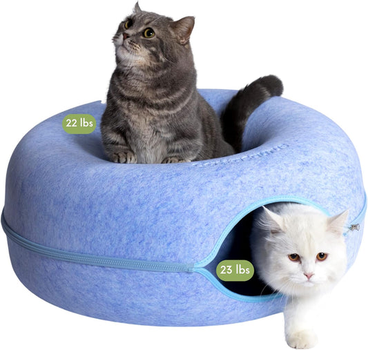 CATTASAURUS Peekaboo Cat Cave for Multiple & Large Cats Up to 30-45 Lbs, Scratch Detachable & Washable Tunnel Bed, Comfy Donut Cat Cave (Blue, Large)