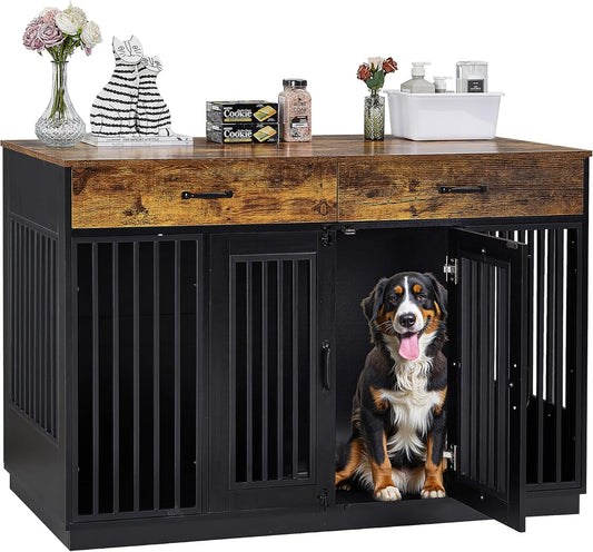 VECELO Dog Crate Furniture for Medium/Large Dogs, Wooden Dog Cage with Drawers, Double Door, Dog Kennel End Table, Brown