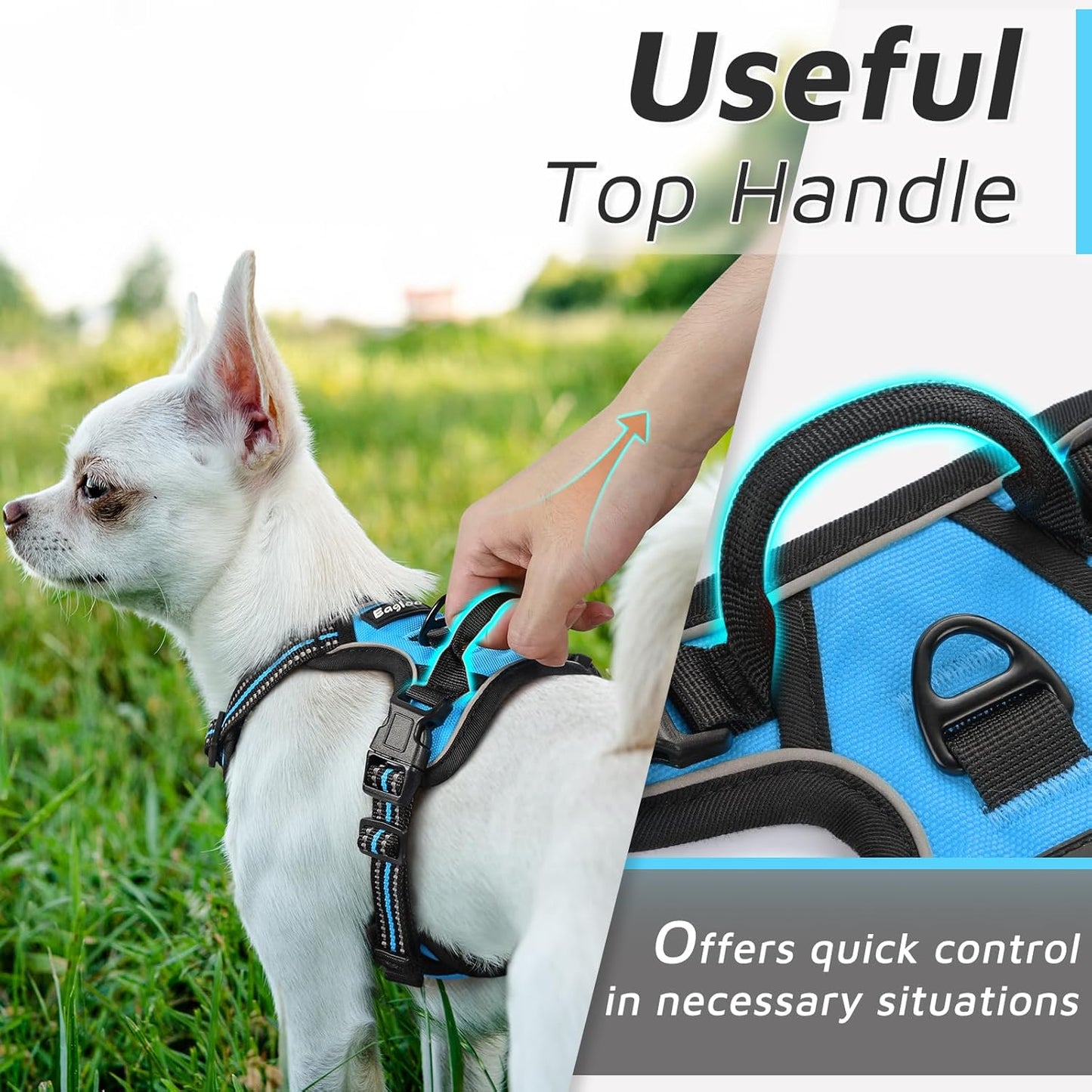 Eagloo Small Dog Harness No Pull, Service Vest with Reflective Strips and Control Handle, Adjustable and Comfortable for Walking, No Choke Pet Harness with 2 Metal Rings, Sky Blue, XS