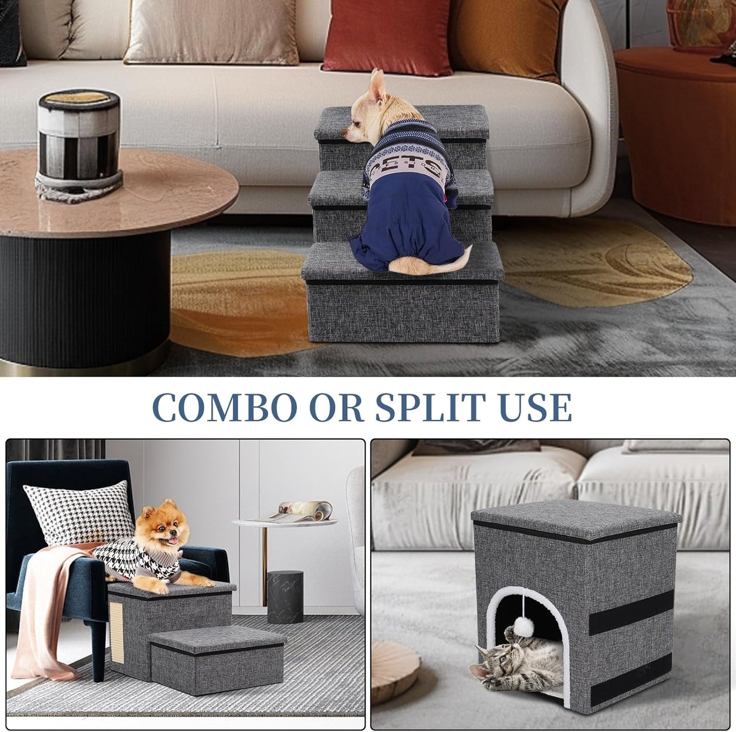 Upgrade XL Dog Stairs for Bed and Couch, 35.5"L x 13.8"D x 17"H, Foldable Dog Steps with Wider Stairs, Large Condo, Storage Space, Pet Stairs Steps for Cats, Small/Older Large Dogs, Hold Up to 180lbs