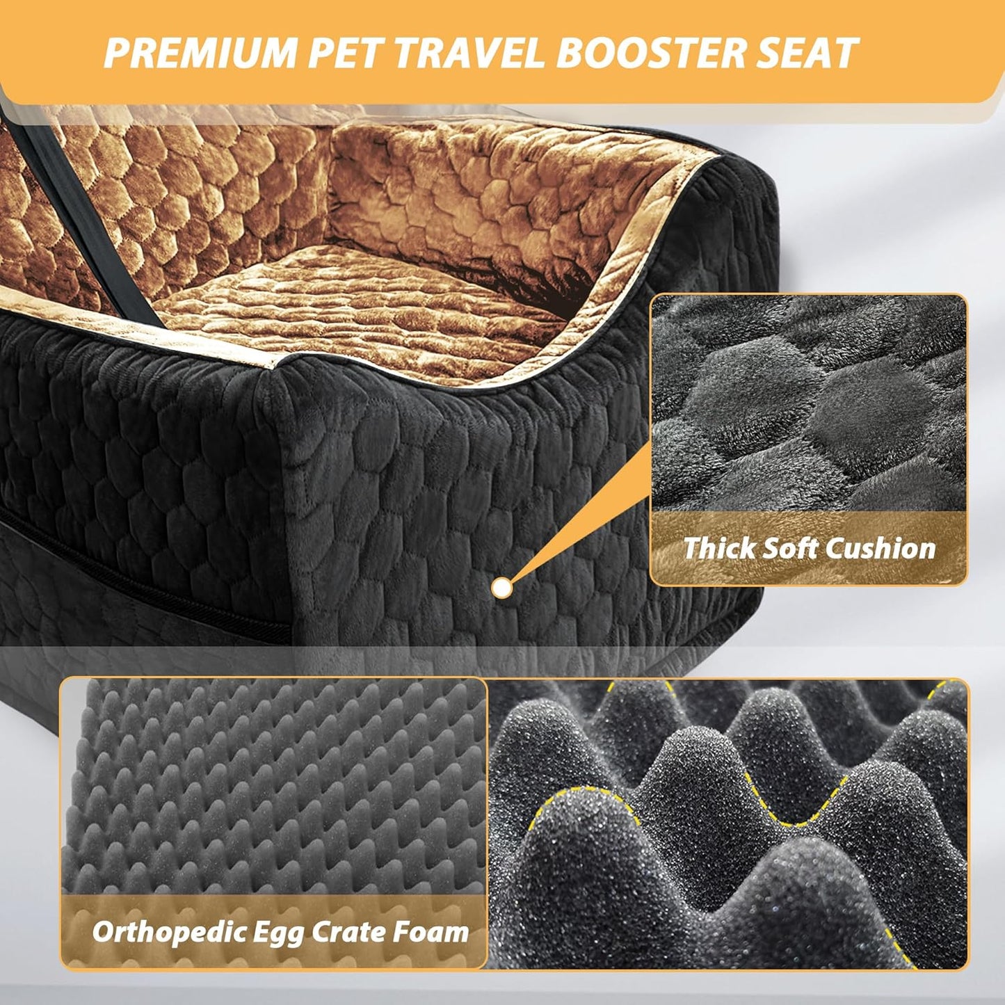 Dog Car Seat for Small/Medium Dogs, Memory Foam Dog Booster Seat, Travel Safety Per Car Seat with Washable Removable Cover, Storage Pockets for Dogs up to 35 lbs(BlackBrown)
