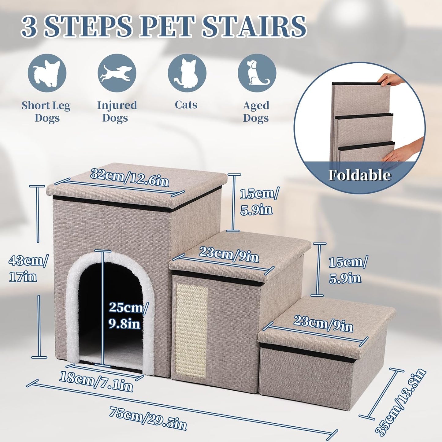 Dog Steps for Bed and Couch, 17”H Foldable Dog Stairs for Small Older Dogs Cats, Adjustable Pet Cat Stairs Ramps with Storage with Condo, Scratcher, Hold Up to 180LBS, Pet Cat Steps Beige