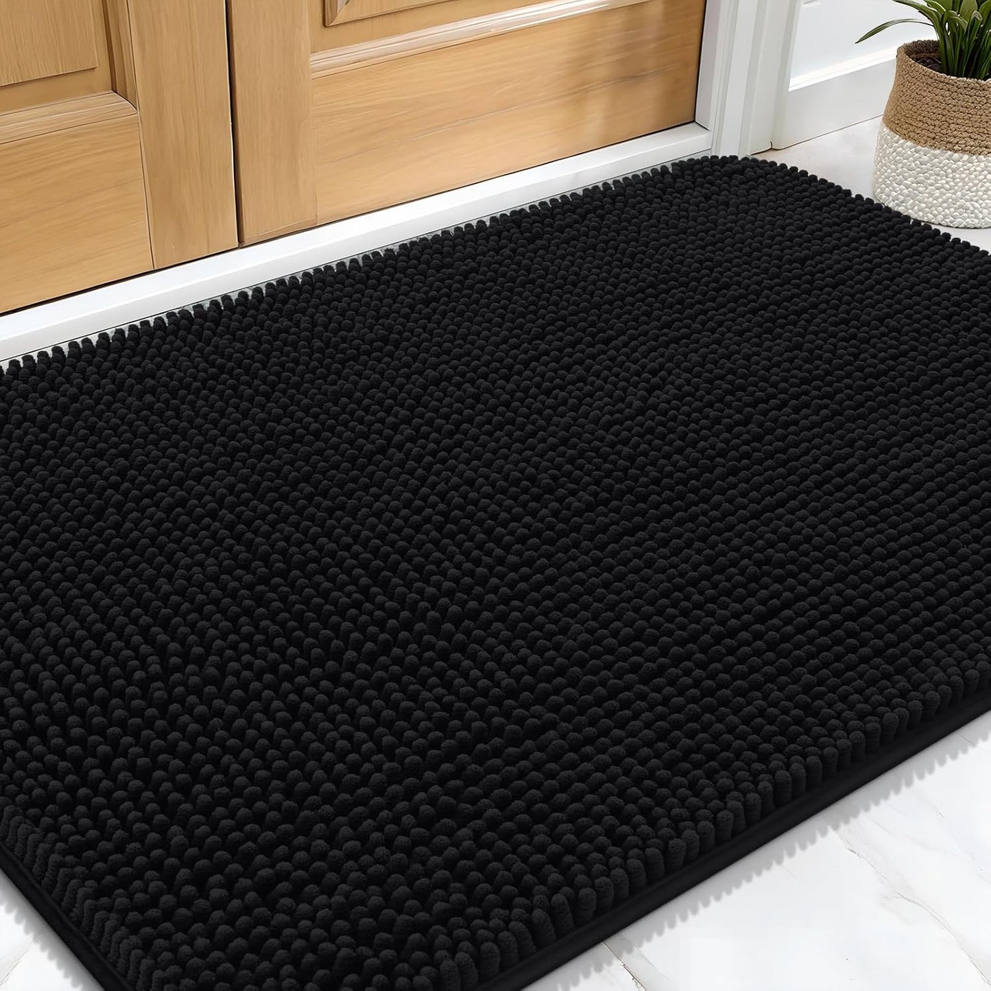 OLANLY Dog Door Mat for Muddy Paws 30x20, Absorbs Moisture and Dirt, Absorbent Non-Slip Washable Doormat, Quick Dry Chenille Mud Mat for Dogs, Entry Indoor Entryway Carpet for Inside Floor, Black