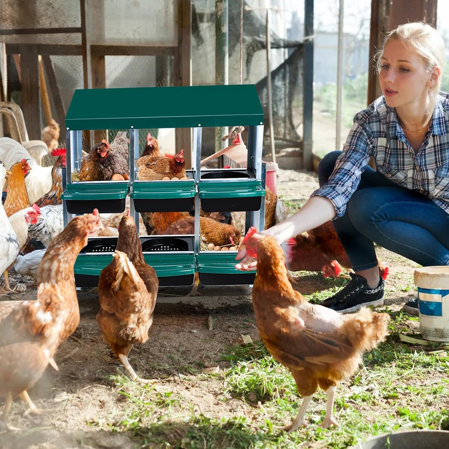 Nesting Boxes for Chickens, Chickens Laying Boxes for Chicken Coop with Legs, 6 Compartments Chicken Nesting Boxes, with Removable Tray, Easy Cleaning, for Hens Outdoor Chicken Coop Farm Yard, Green