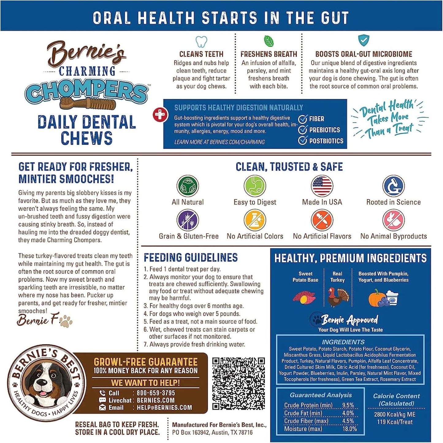 Bernie's Charming Chompers - Daily Dental Chews for Dogs 5-15 Lbs. - 65 Count - Cleans Teeth, Freshens Breath, + Boosts Oral-Gut Microbiome. Easy to Digest, Supports Healthy Digestion Naturally