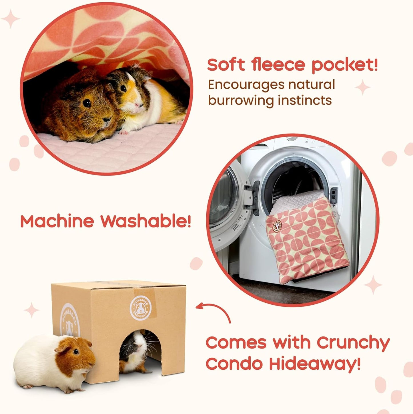 GuineaDad Premium Liner – Fleece Guinea Pig Cage Liner – Ultra-Plush Reusable Fleece Bedding with Waterproof Bottom – Extra Absorbent Liner for 2x3 C&C Cage (Peach Pie)