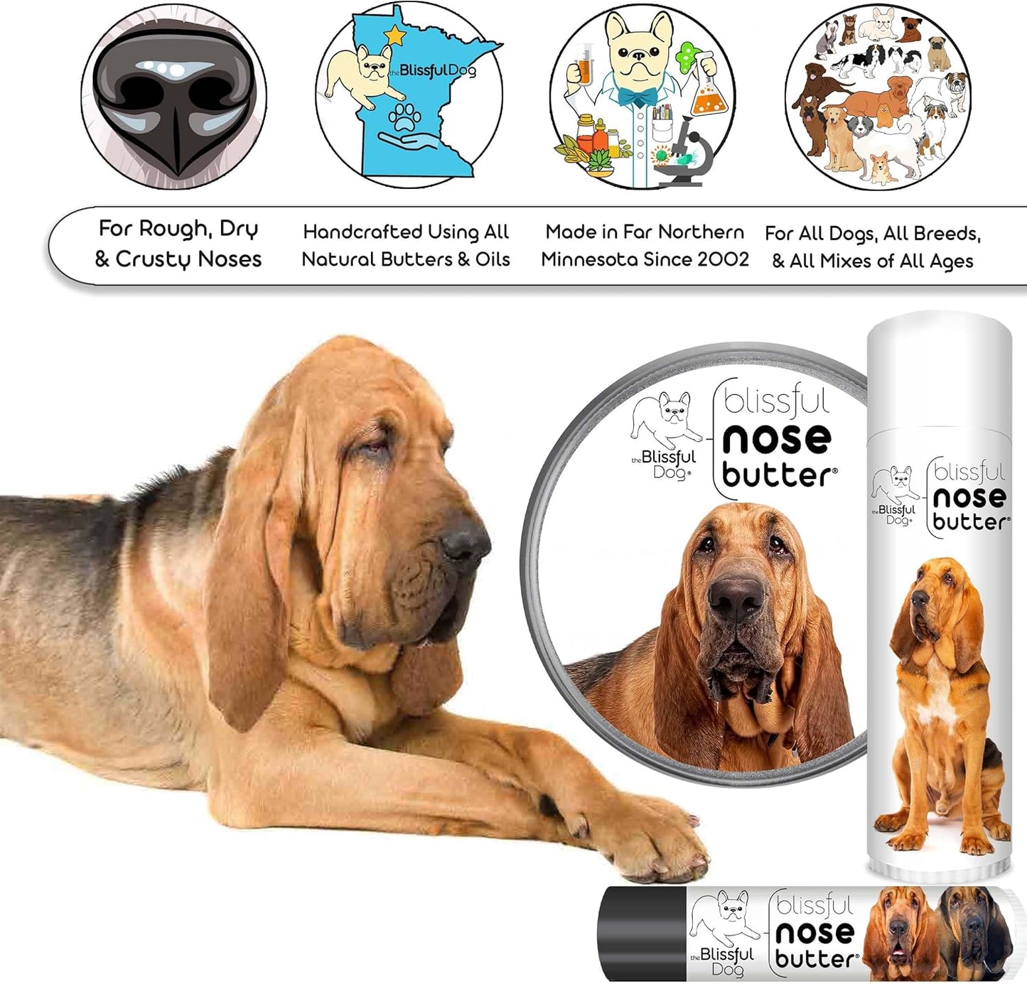 The Blissful Dog Bloodhound Nose Butter for Dry, Cracked Skin, Lick-Safe Dog Nose Balm with Moisturizing Shea Butter, Almond, Olive, and Essential Oils, Pet Supplies, Uncented, 8 oz.