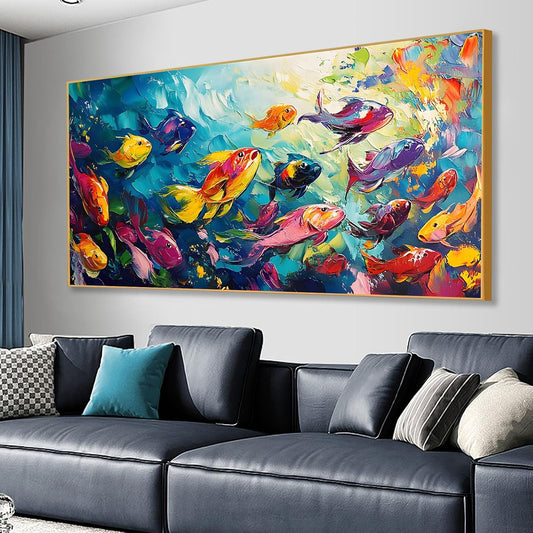 School of Fish Printed Canvas Wall Art – Framed Abstract Ocean Print – Vibrant Fish Wall Decor for Living Room, Bedroom, Office (Gold Framed, 24"x12"|60x30cm)