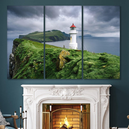 Nature Wall Art Prints - Ocean Forest Mountain Lake Canvas Landscapes - Small to Extra Large Living Room Bedroom Kitchen Bathroom Décor (Stormy Sky Lighthouse, 35L" x 53W" - 3 Panels)