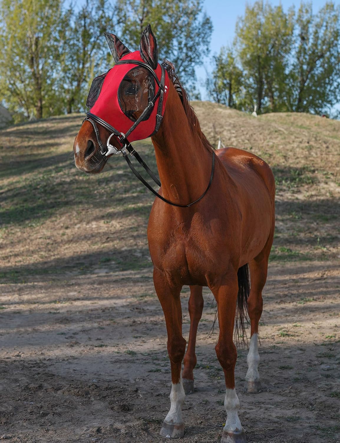 Horse Fly Mask with Ears, UV Protection Mask for Horses, Elasticity Mask with Big Mesh Eye Covers, Snug Fitting Comfortable Breathable Lightweight Rose Red Cob