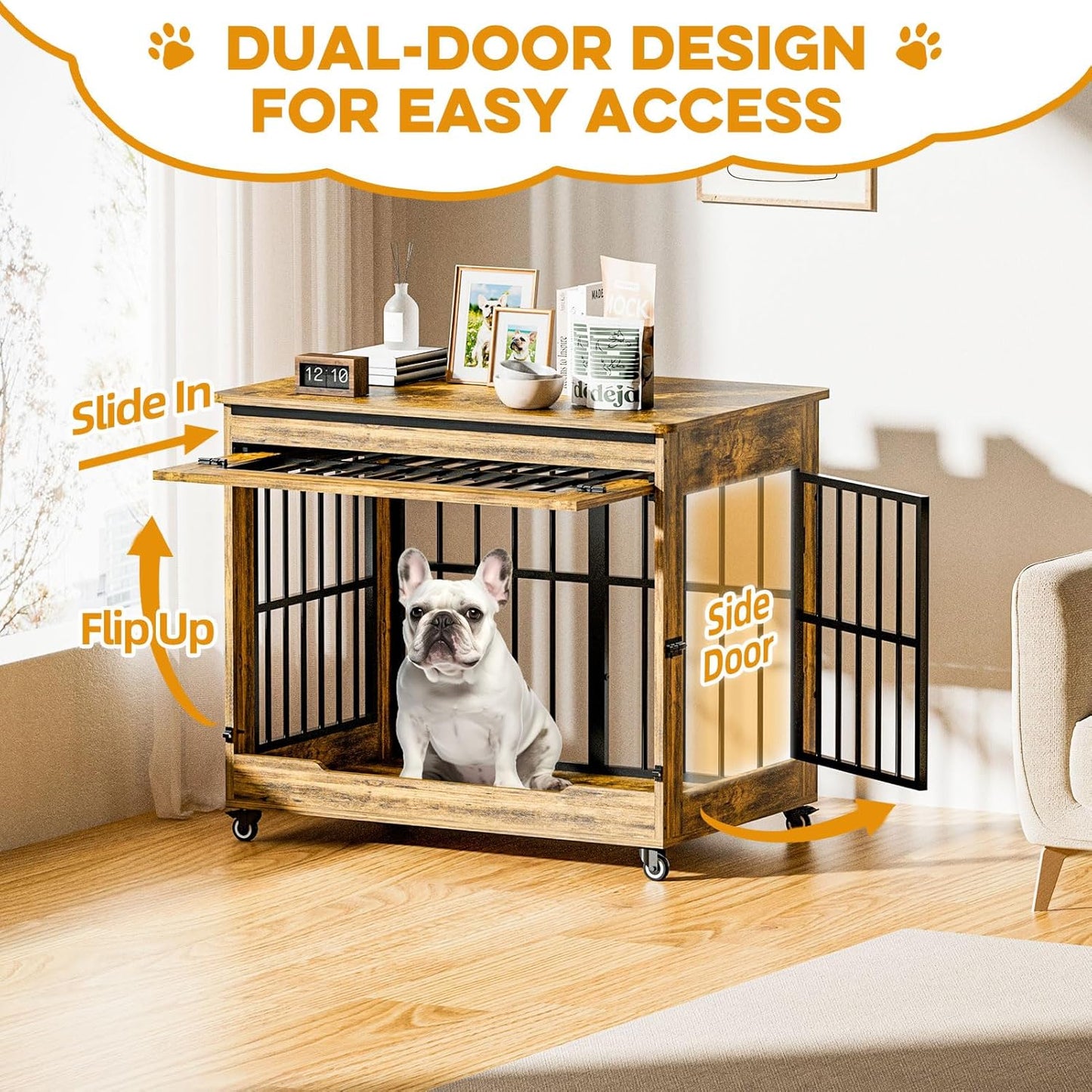 38" Dog Crate Furniture, Double Door Wooden Indoor Dog Kennel Furniture, Decorative Pet Cage End Table with Wheels for Large and Medium Breed Dogs, Size L, Rustic Brown