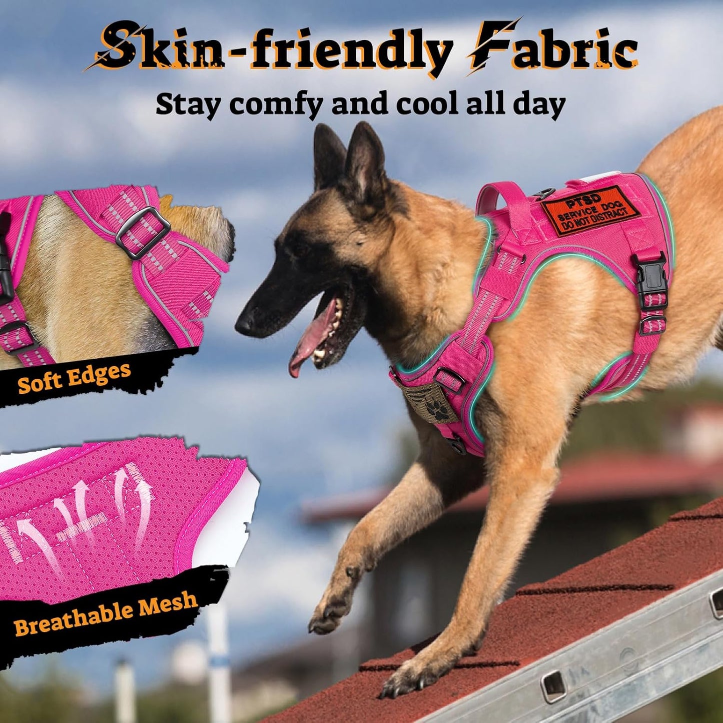 rabbitgoo Dog Harness for Large Dogs No Pull, Tactical Service Pet Vest with Molle and Control Handle, Adjustable and Reflective Military Harness for Easy Walking and Training, Rose Red, XL