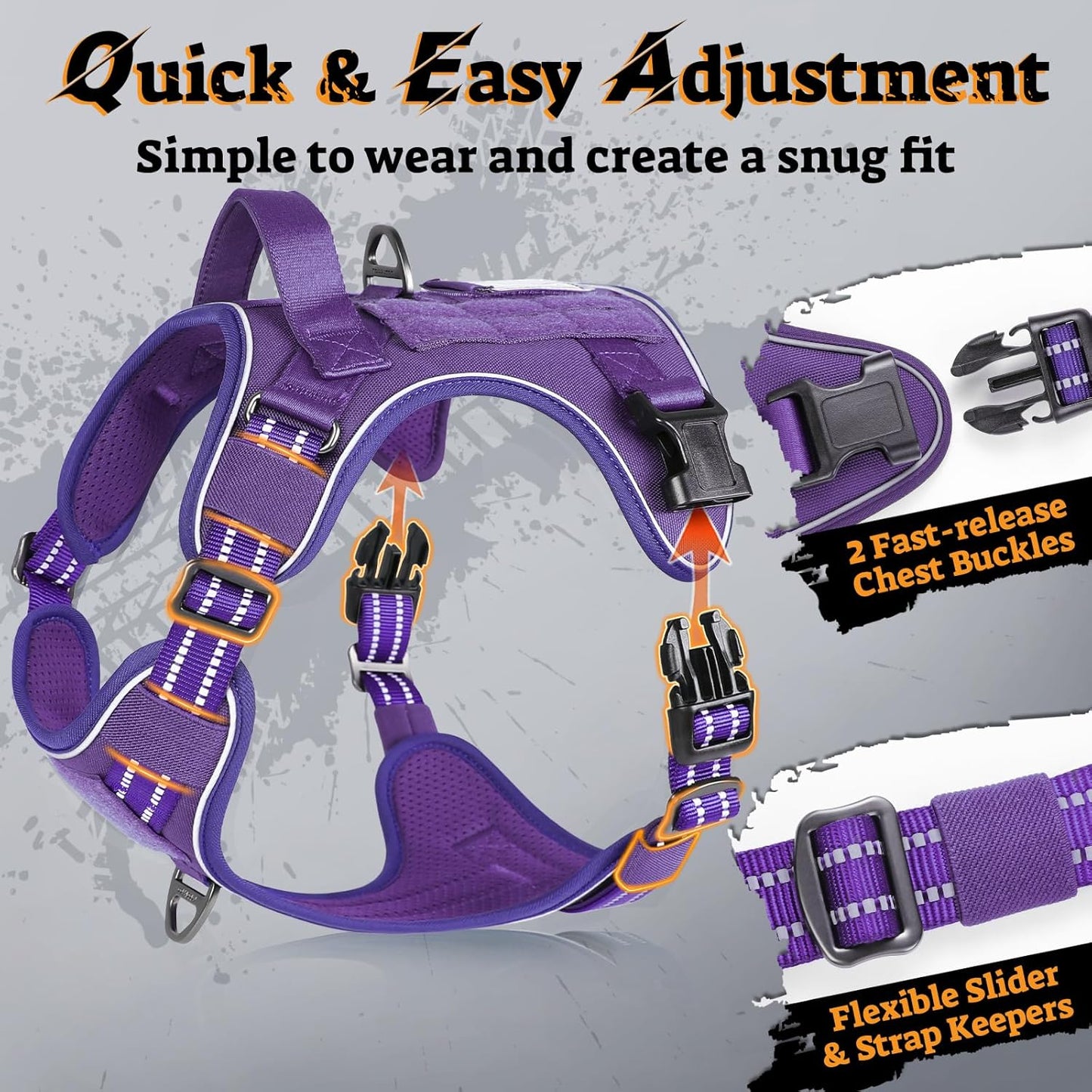 rabbitgoo Dog Harness for Large Dogs No Pull, Tactical Service Pet Vest with Molle and Control Handle, Adjustable and Reflective Military Harness for Easy Walking and Training, Purple, XL