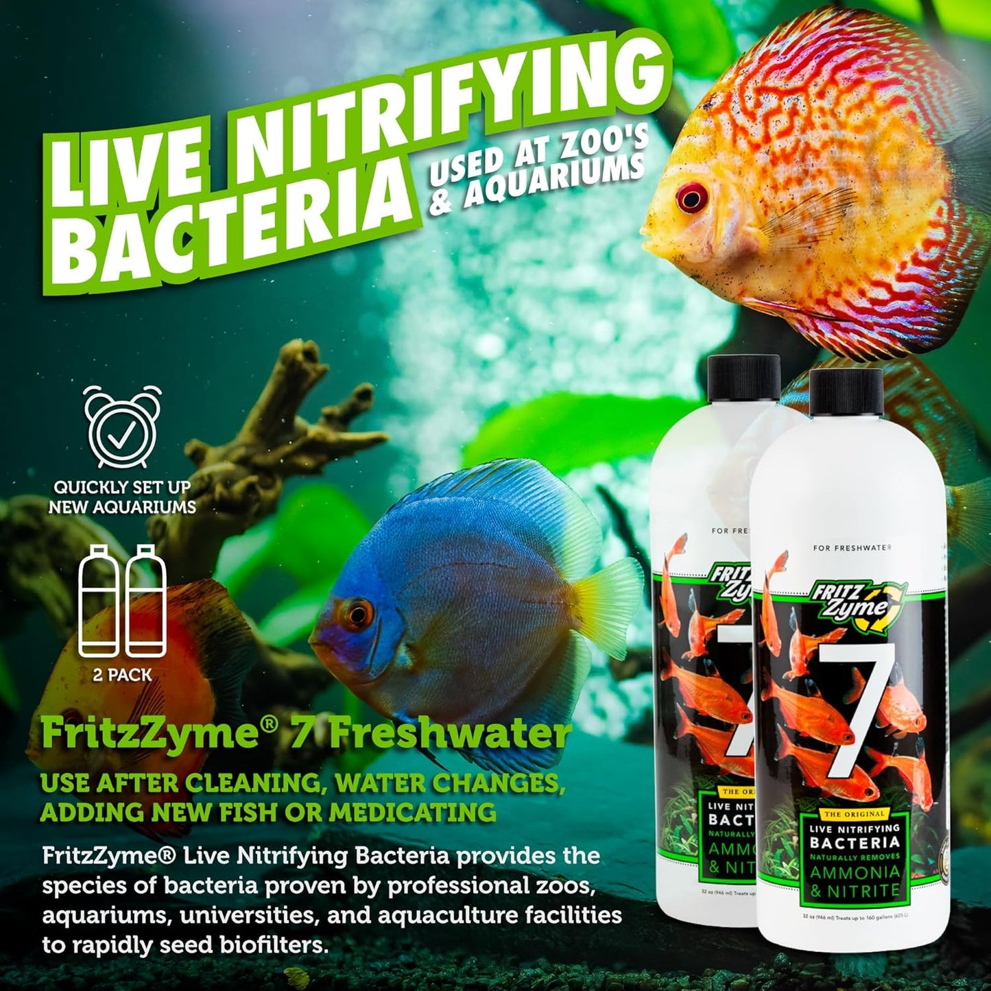 Fritz Aquatics FritzZyme 7 Live Nitrifying Bacteria Naturally Removes Amonia & Nitrite for Freshwater Fish (32-Ounce | 2-Pack)
