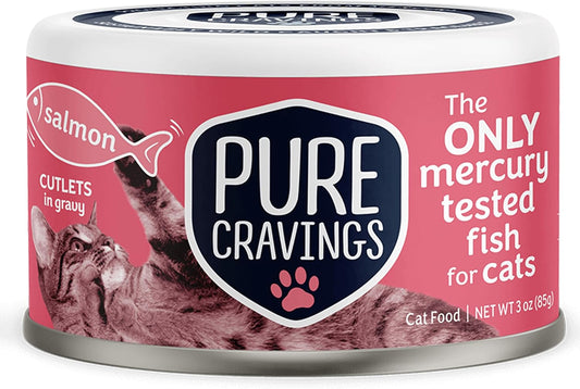 Wet Cat Food Canned Salmon Cutlets in Gravy, 100% Mercury-Tested, Moist Can Fish for Cats, Grain-Free, Protein, Non-GMO, Pack of 12