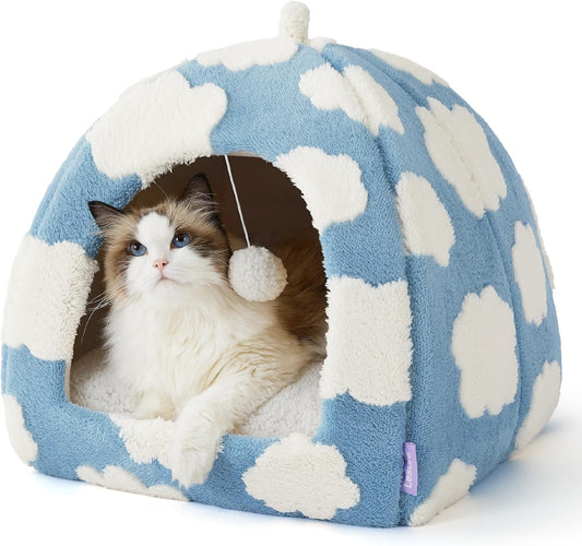 Lesure Cute Cat Beds for Indoor Cats - 2 in 1 Large Cat Cave Bed for Puppy and Small Dog with Removable Washable Cushioned Pillow, Cozy Kitten Tent with Non-Slip Bottom, Blue, 17.3 inches