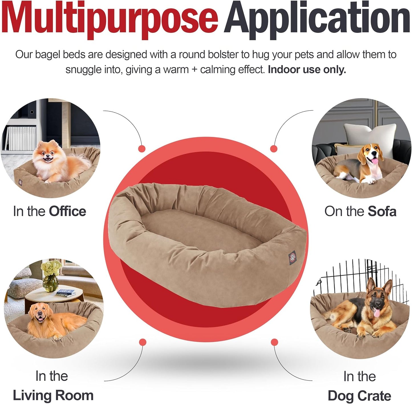 Majestic Pet 40 Inch Suede Calming Dog Bed Washable 40x29x9 (Inch) – Cozy Soft Round Donut Dog Bed with Spine Support for Dogs to Rest Their Head - Pet Bed Large – Stone (2025)