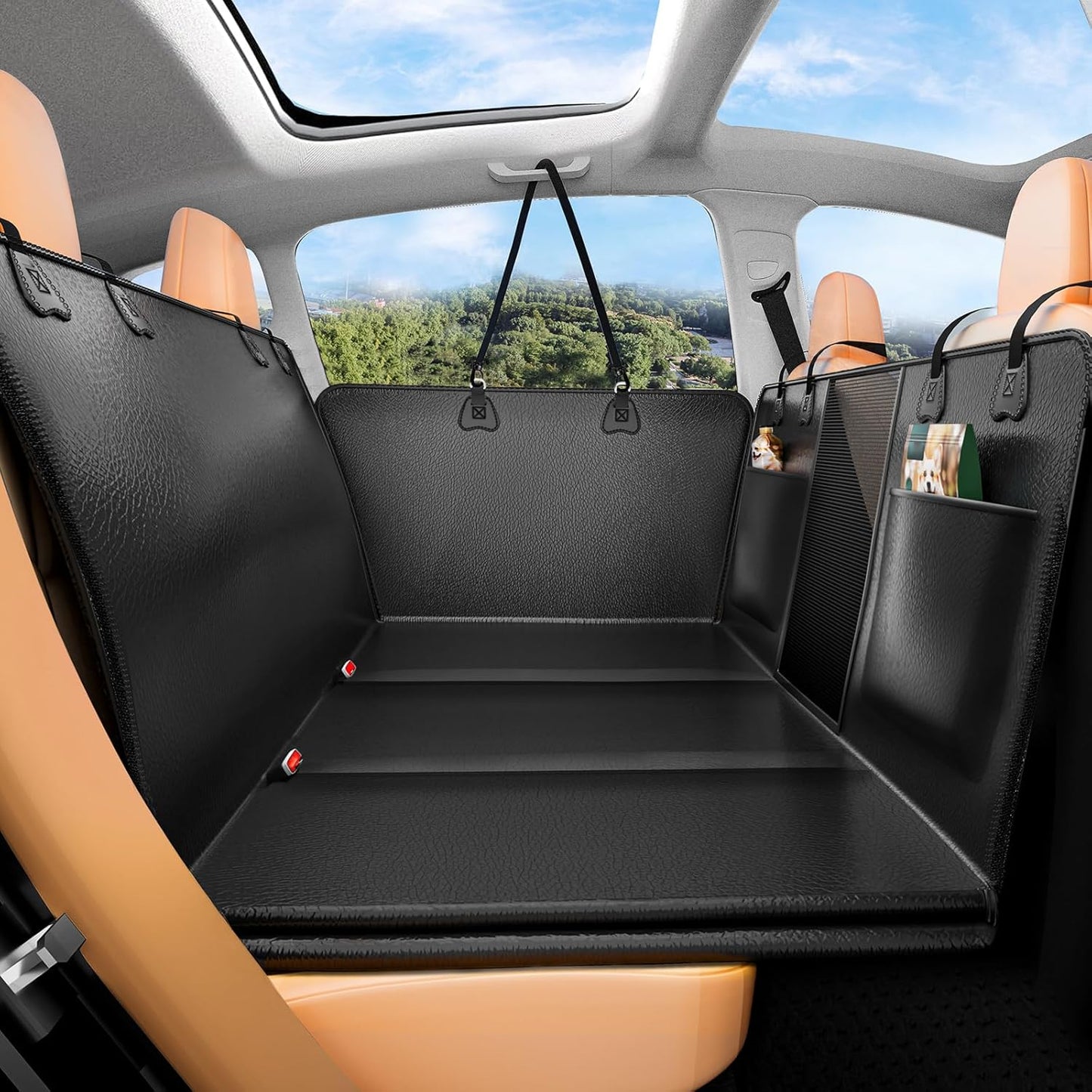 Hard Bottom Dog Car Seat Cover for Back Seat – Waterproof Nonslip Hammock Extender for Trucks & SUVs, Heavy Duty Pet Protector, Black Faux Leather