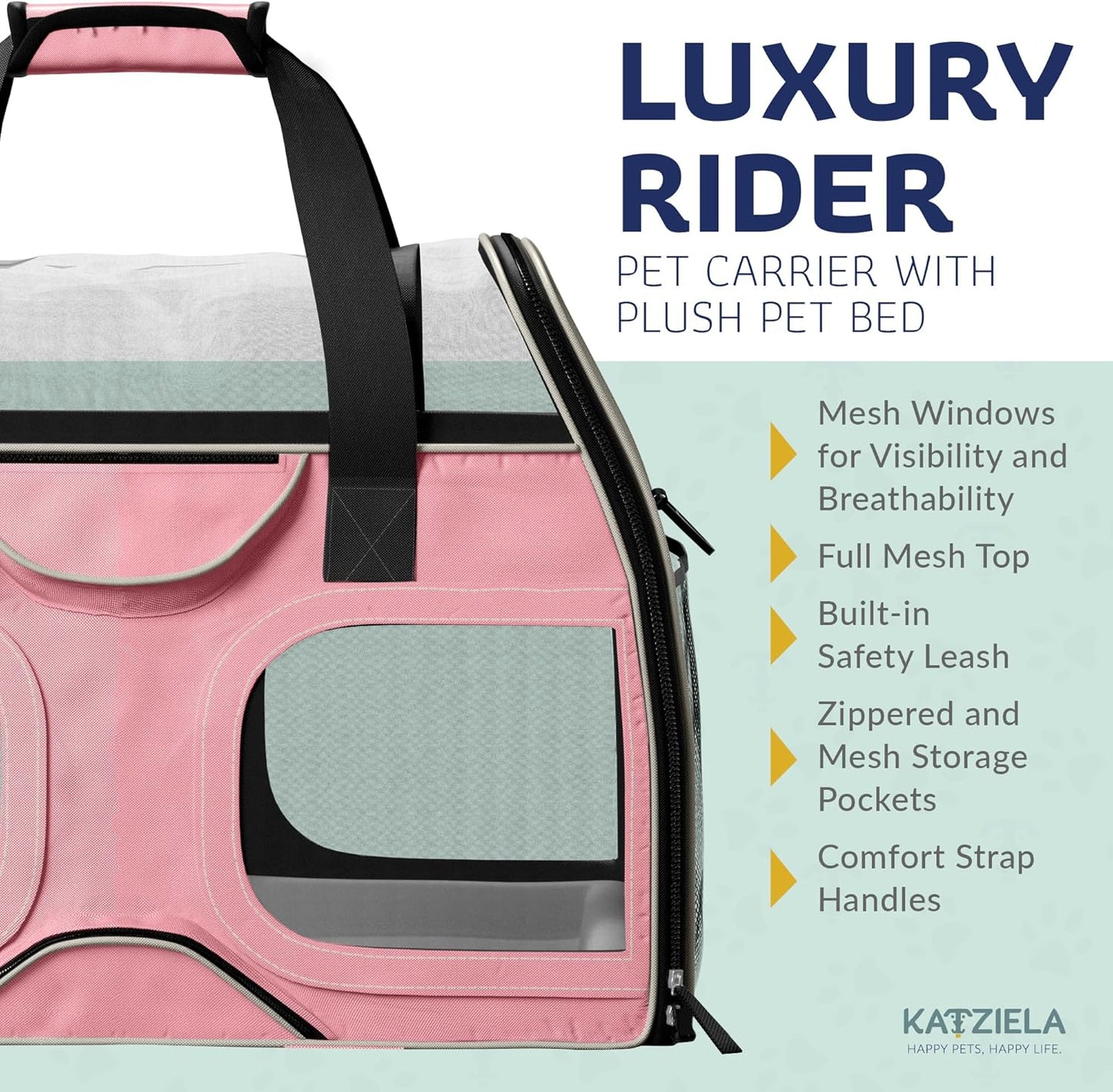 Katziela Pet Carrier - Airline Compliant Dog Carrier - TSA Approved Pet Carrier for Small Dogs and Cats - Soft FAA Travel Airplane Dog Carrier Luggage (Pink/White-6 Wheels)