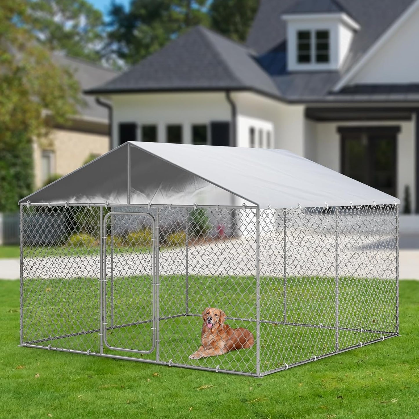 Outdoor Dog Kennel with Cover, Large Dog Run Fence House Big Cage Pen Enclosure, Heavy Duty Dogs Play Cage Pen Kennel (118" L x 118" W x 83" H)