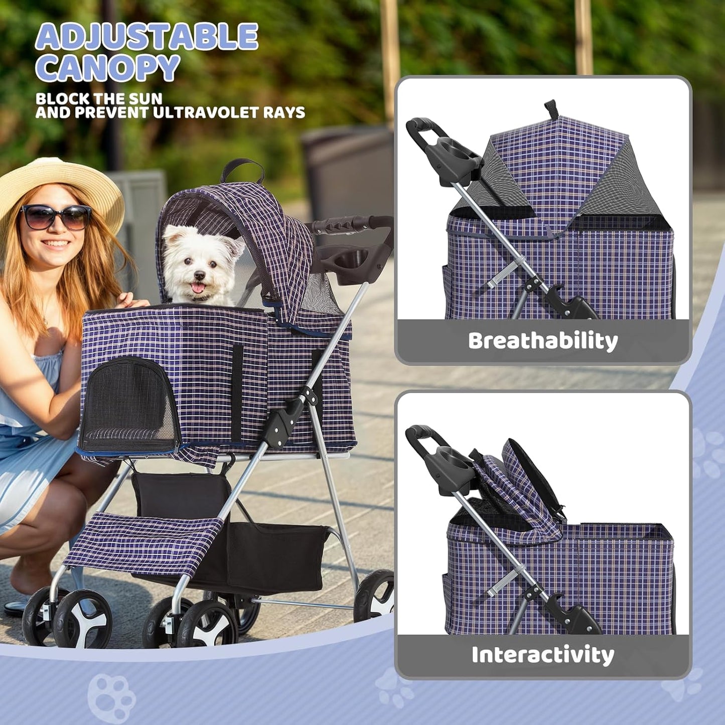 Magshion Foldable Pet Stroller, 3-in-1 Dog Travel Jogger with Detachable Carrier, Cup Holder, Storage Basket, Folding Carrier for Small/Medium Dogs & Cats Up to 33 lbs, Plaid