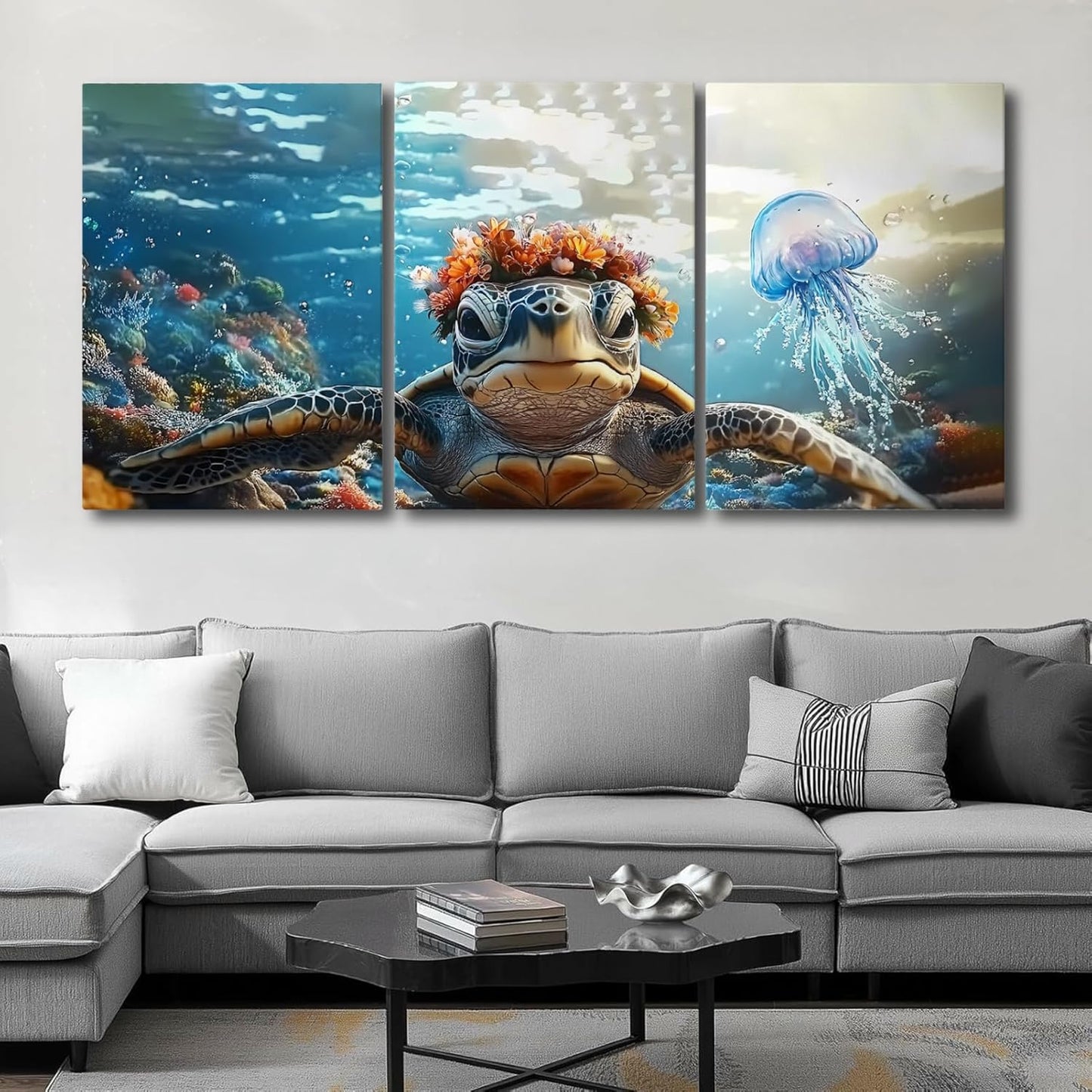 Wivsev Sea Turtle Canvas Wall Art,Under Sea Wall Art,Sea Life Pictures Wall Decor,Ocean Animal Painting for Bathroom,Living Room,Bedroom (16" x 24" x 3 pcs)