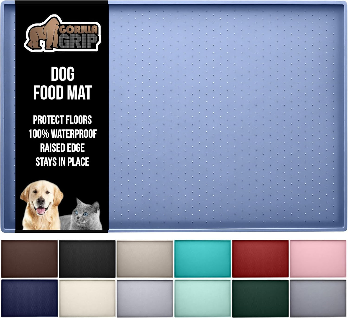 GORILLA GRIP 100% Waterproof Raised Edge BPA Free Silicone Pet Feeding Mat, Dog Cat Food Mats Contain Spills Protects Floors, Placemats for Cats and Dogs Water Bowl, Pets Accessories 32x24 Blue